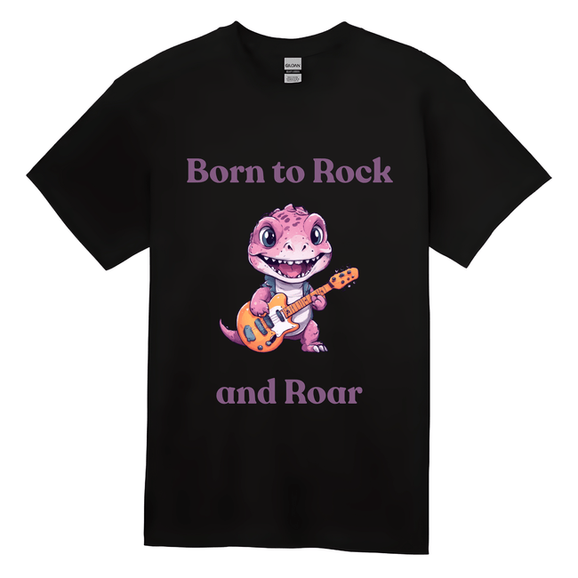 Kids t-shirt with cute pink dinosaur playing a guitar and the words “Born to Rock and Roar.”