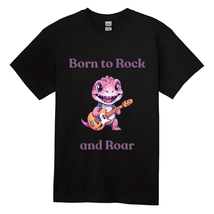Kids t-shirt with cute pink dinosaur playing a guitar and the words “Born to Rock and Roar.”