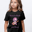 Kids’ graphic tee featuring a cartoon dino playing electric guitar.