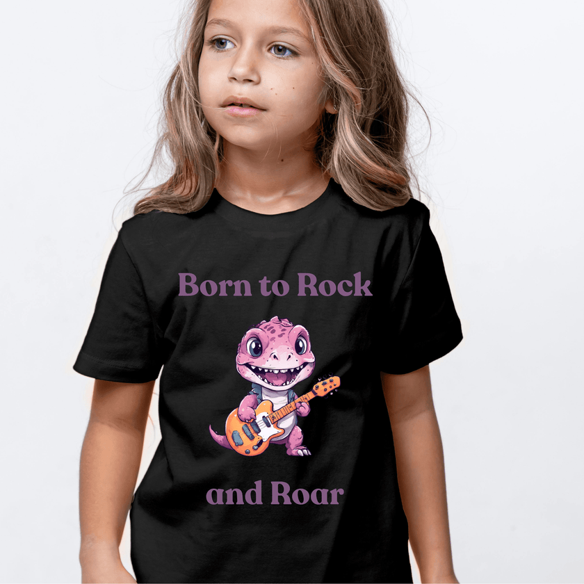 Kids’ graphic tee featuring a cartoon dino playing electric guitar.