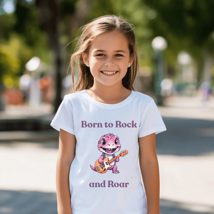 Colorful music-themed dinosaur design printed on kids t-shirt