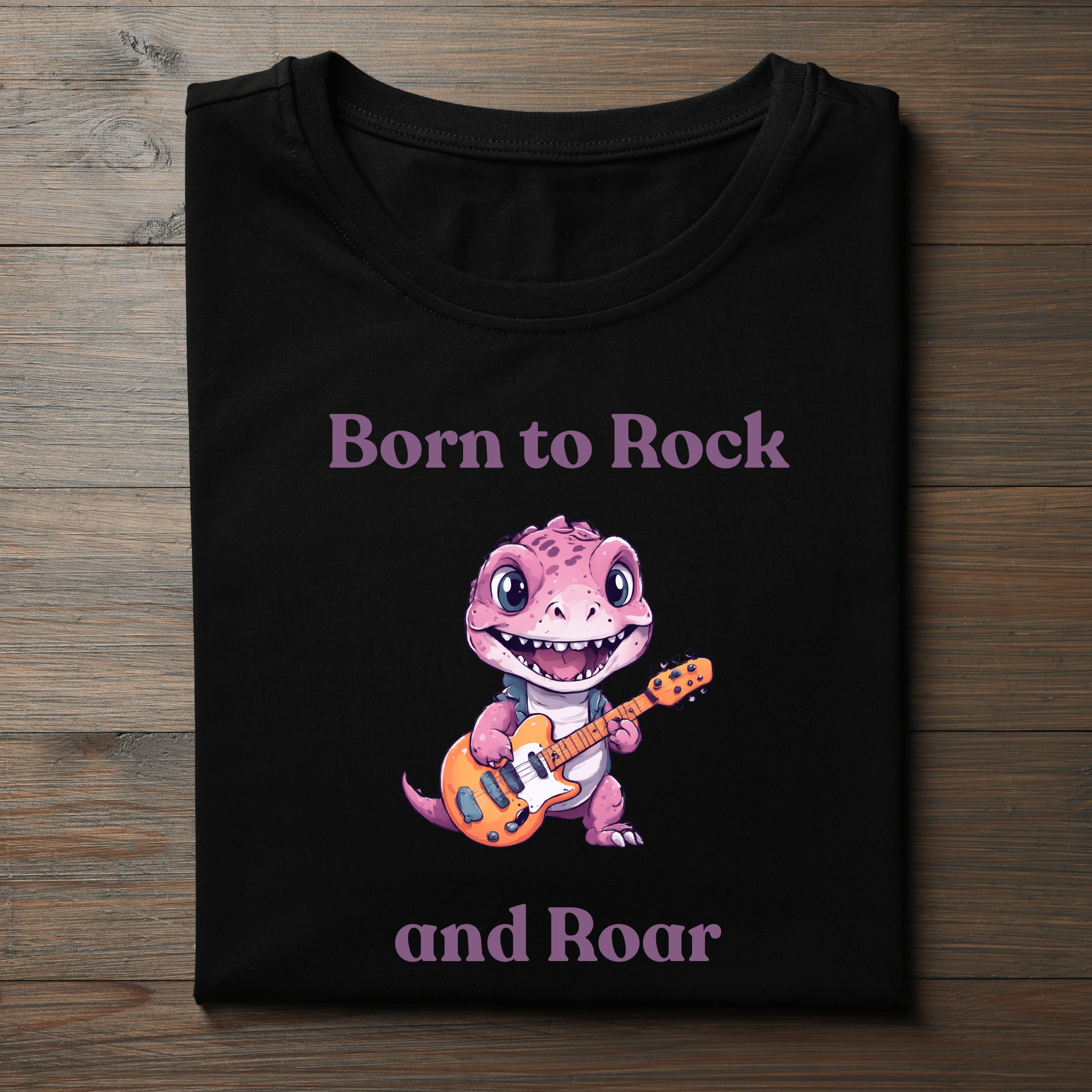 Cute dinosaur music tee for kids with playful “Rock and Roar” slogan