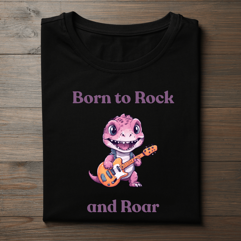 Cute dinosaur music tee for kids with playful “Rock and Roar” slogan