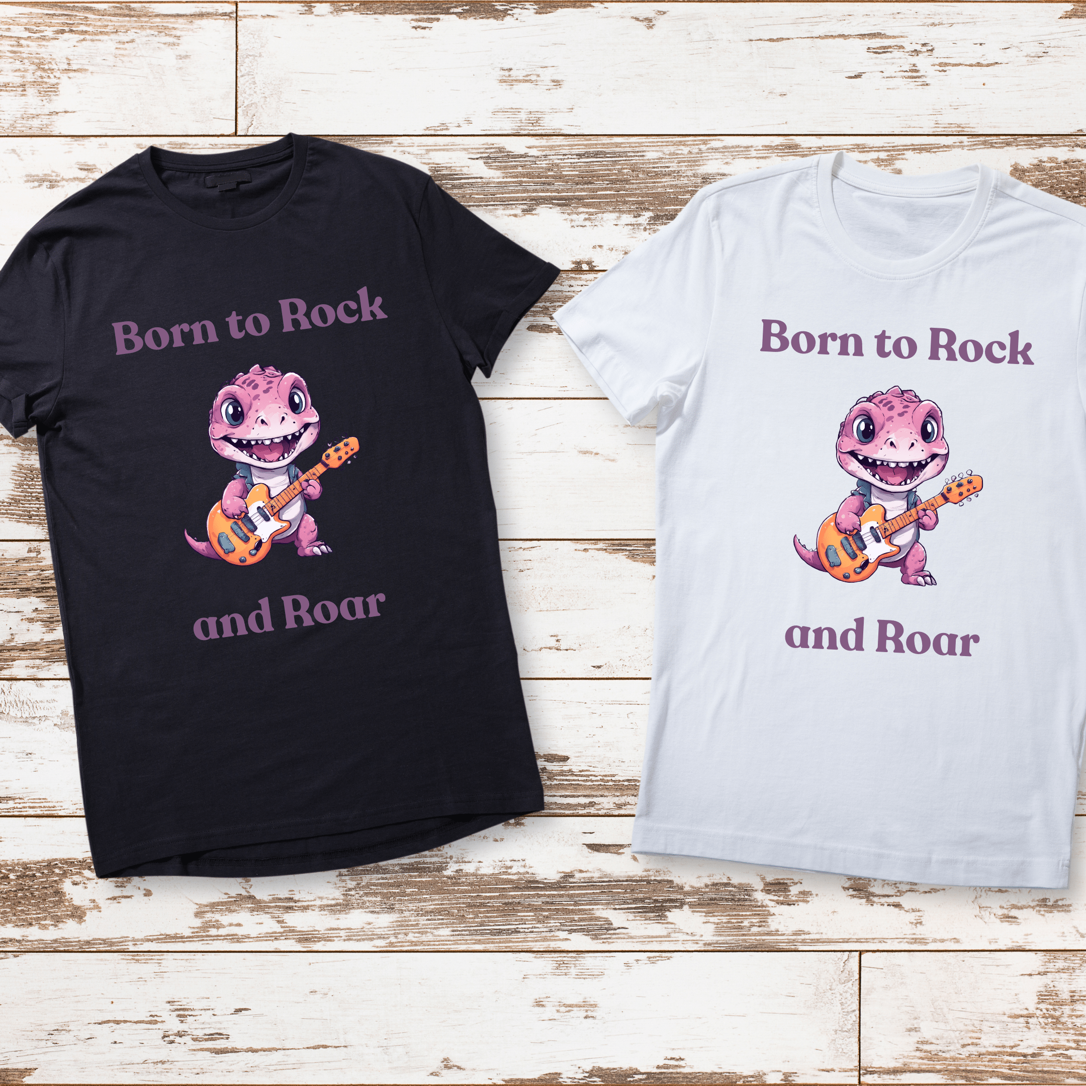 Black kids t-shirt with adorable dinosaur holding an orange electric guitar.