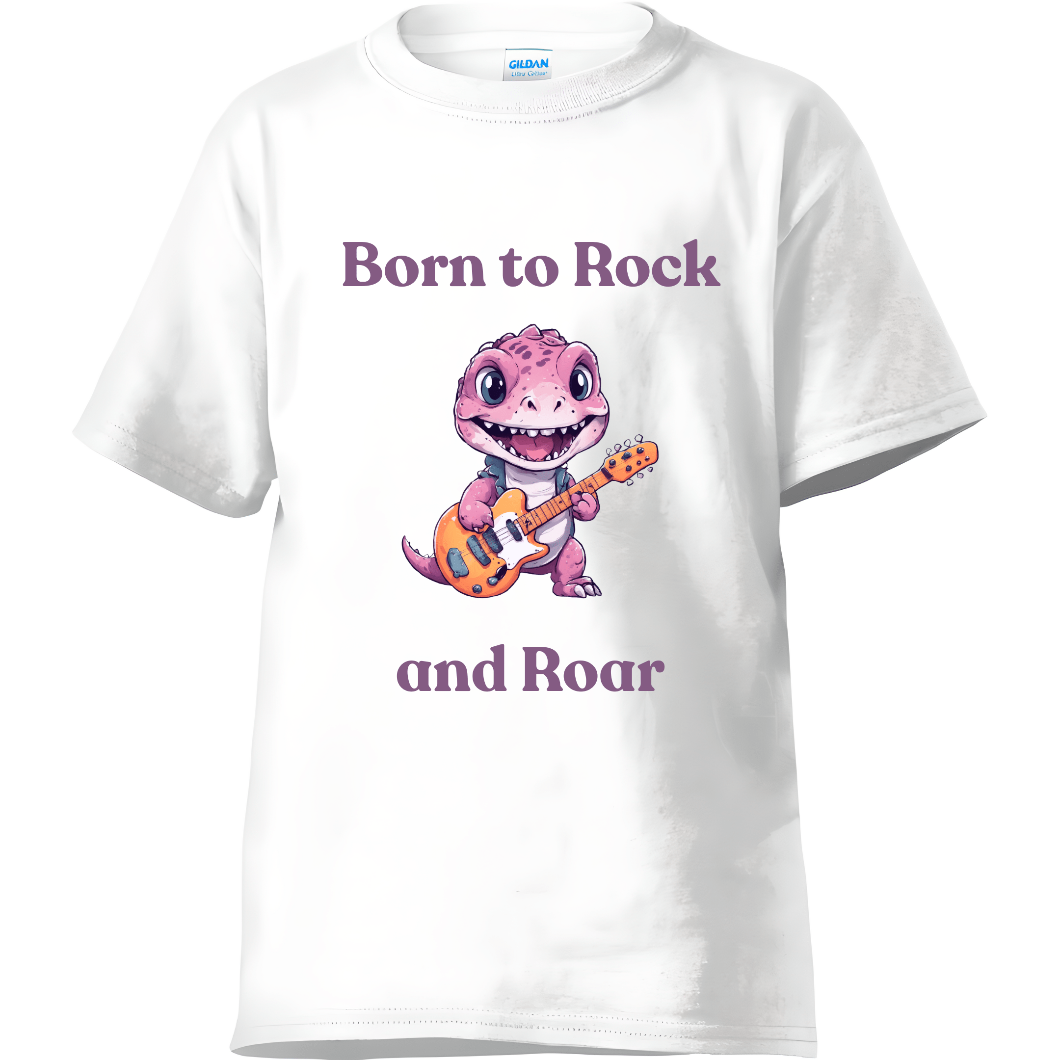 White children’s t-shirt featuring a smiling guitar-playing dino.
