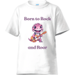 White children’s t-shirt featuring a smiling guitar-playing dino.