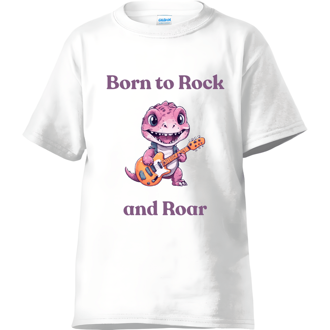 White children’s t-shirt featuring a smiling guitar-playing dino.