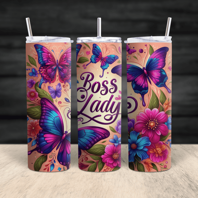 Floral and butterfly stainless steel tumbler featuring Boss Lady text in 360-degree wrap.