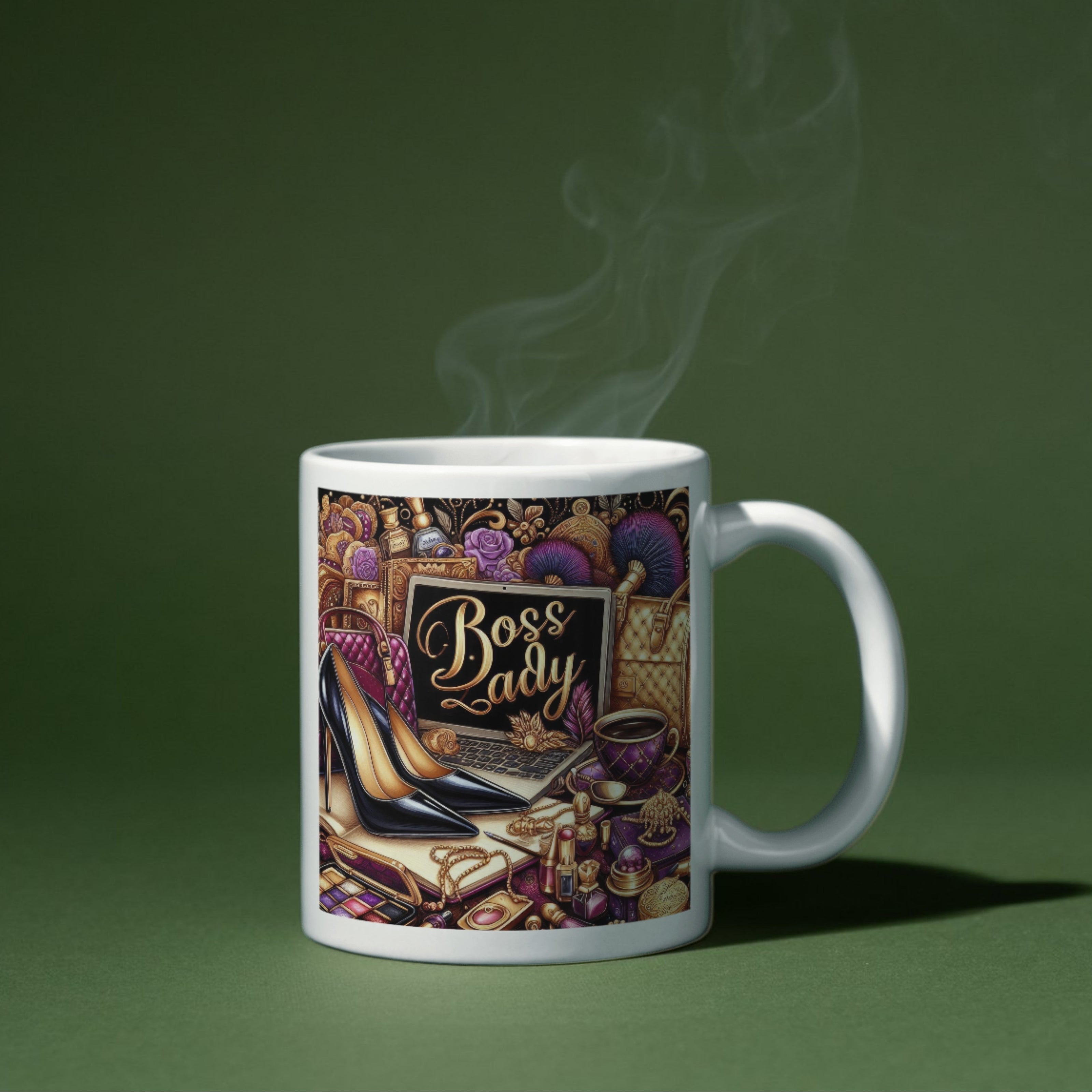 Stylish Boss Lady mug featuring luxury gold heels and handbags design, ideal gift for entrepreneurs, CEOs.