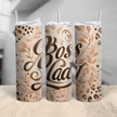 A stylish stainless steel tumbler featuring rose-gold floral artwork, elegant “Boss Lady” lettering, and chic leopard print accents, displayed in a 360-view.