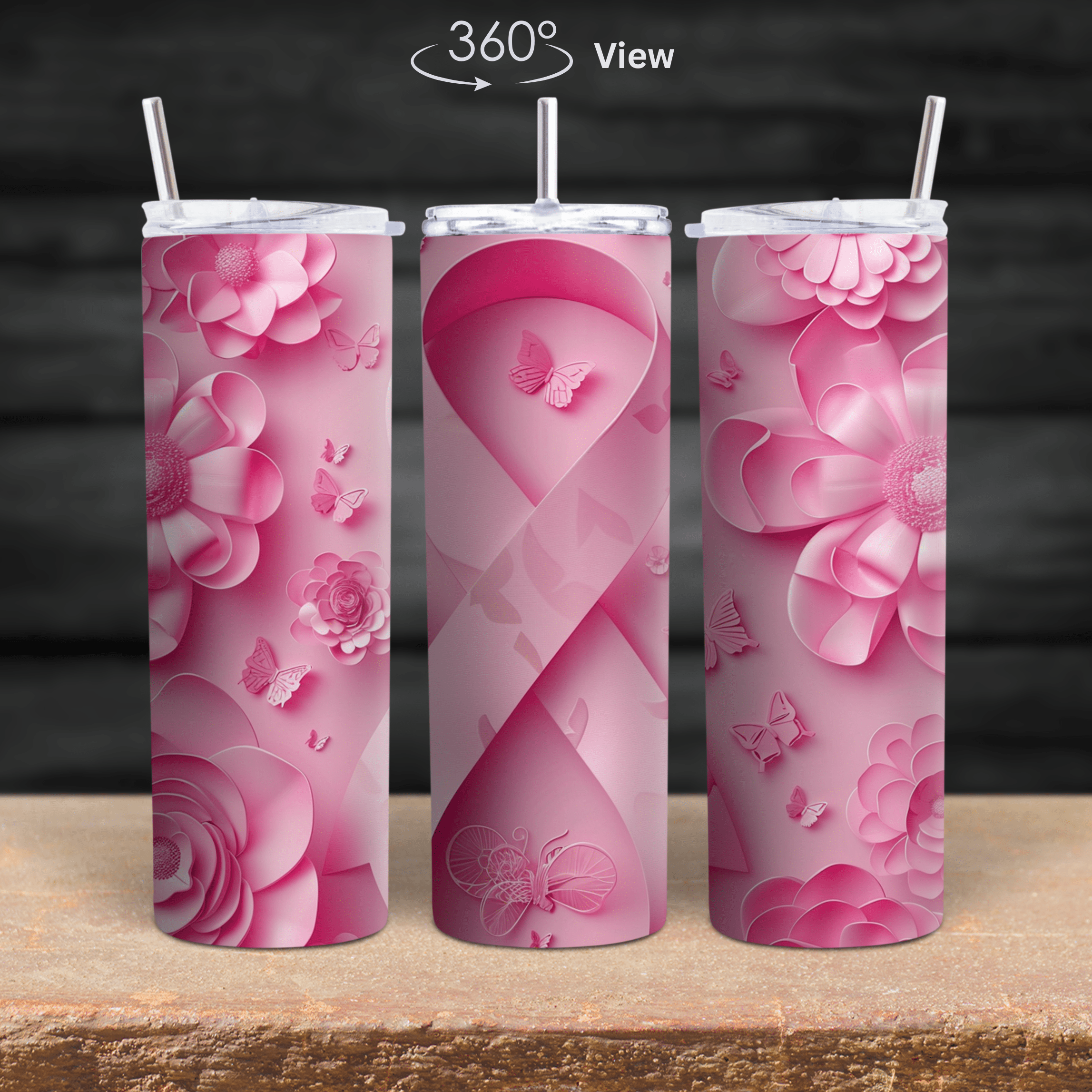 Pink Ribbon Breast Cancer Awareness tumbler with floral and butterfly design in 360-degree wrap.