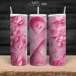 Pink Ribbon Breast Cancer Awareness tumbler with floral and butterfly design in 360-degree wrap.
