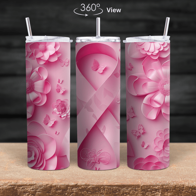 Pink Ribbon Breast Cancer Awareness tumbler with floral and butterfly design in 360-degree wrap.