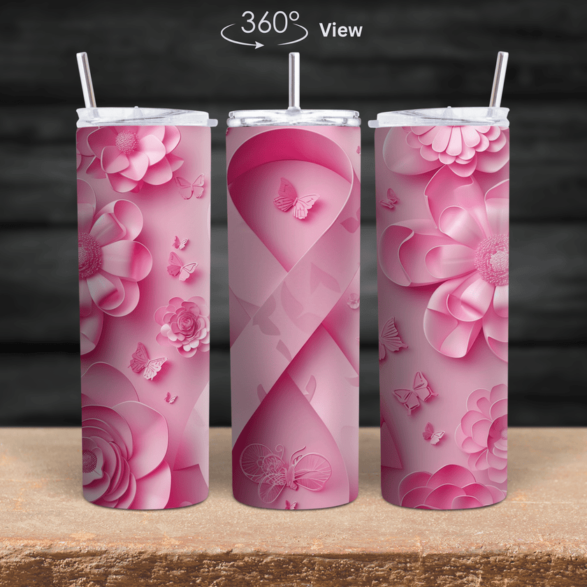 Pink Ribbon Breast Cancer Awareness tumbler with floral and butterfly design in 360-degree wrap.
