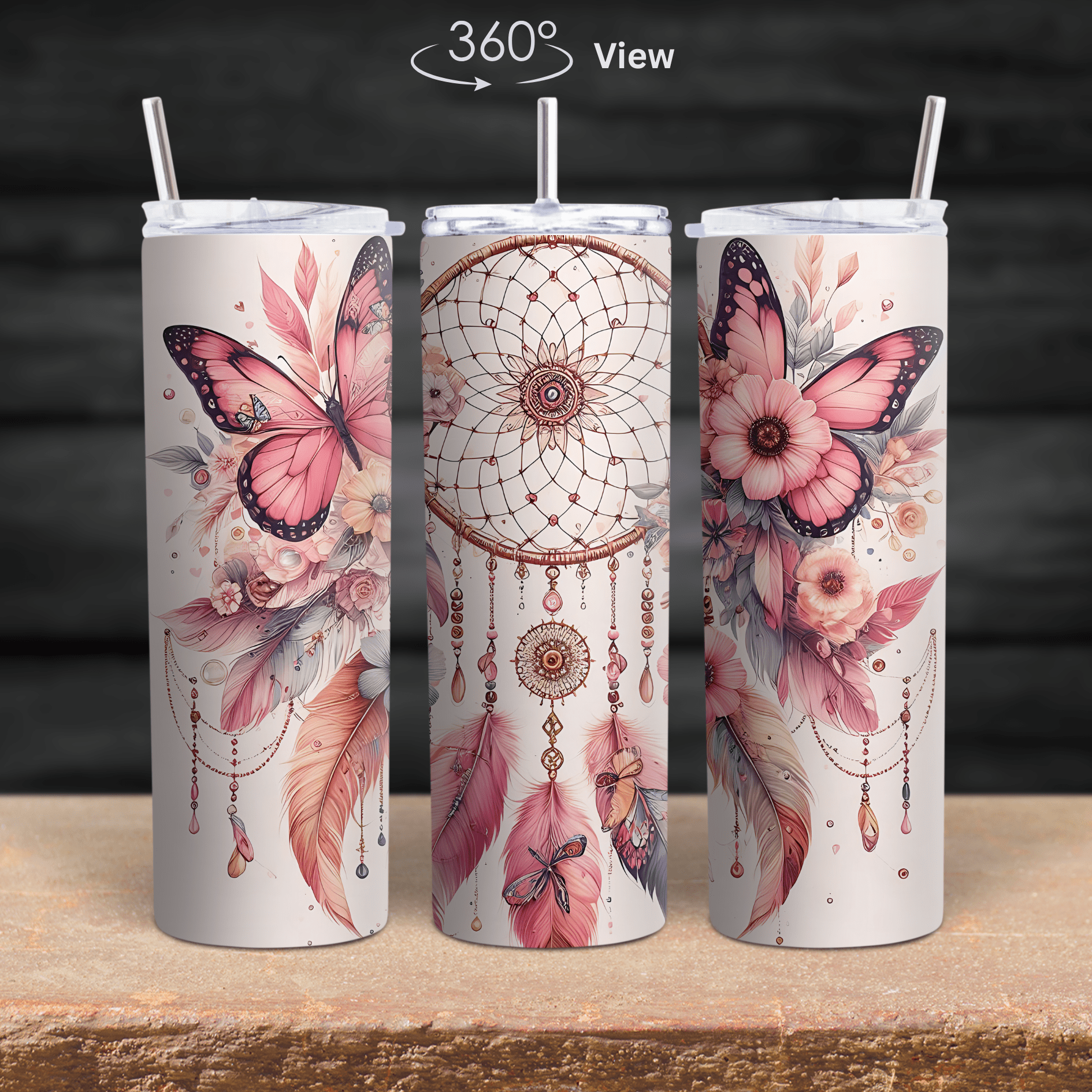 20oz butterfly dreamcatcher tumbler with floral feathers and 360 degree wrap design on stainless steel skinny cup