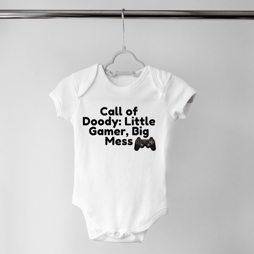 Little Gamer, Big Mess text on adorable Call of Doody infant onesie