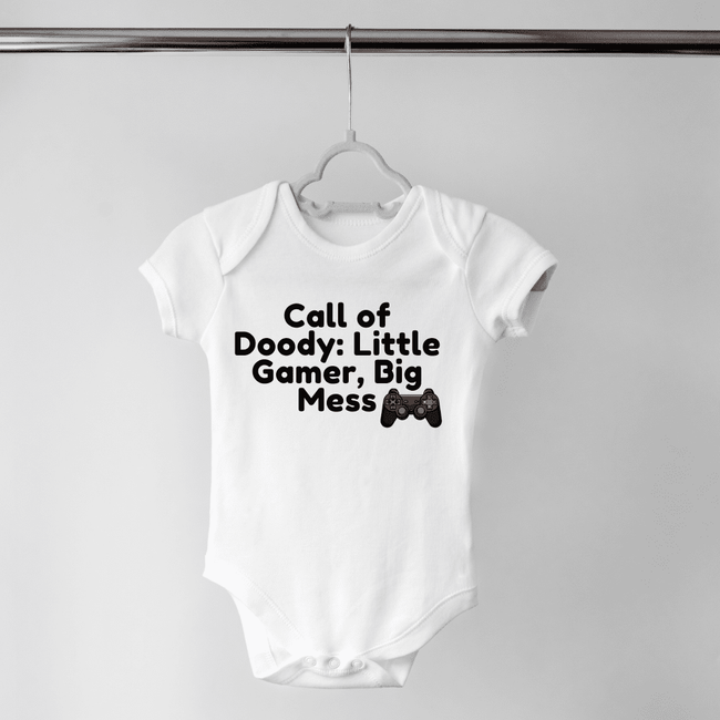 Little Gamer, Big Mess text on adorable Call of Doody infant onesie