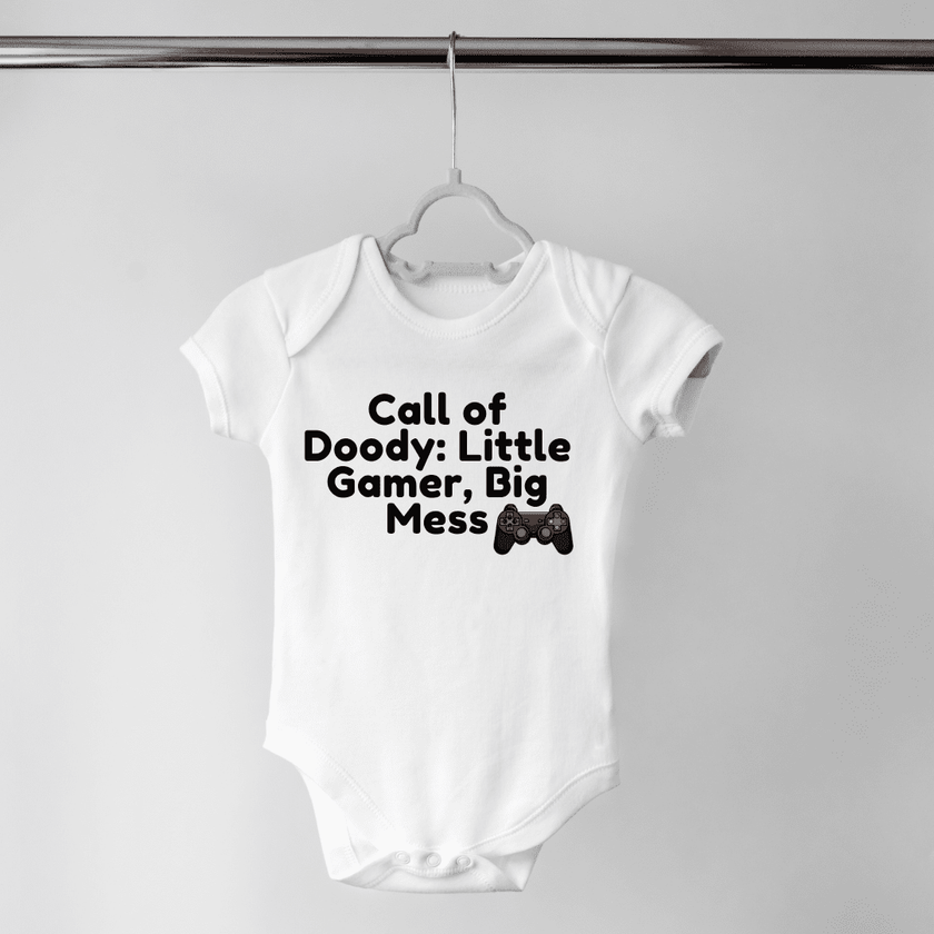 Little Gamer, Big Mess text on adorable Call of Doody infant onesie
