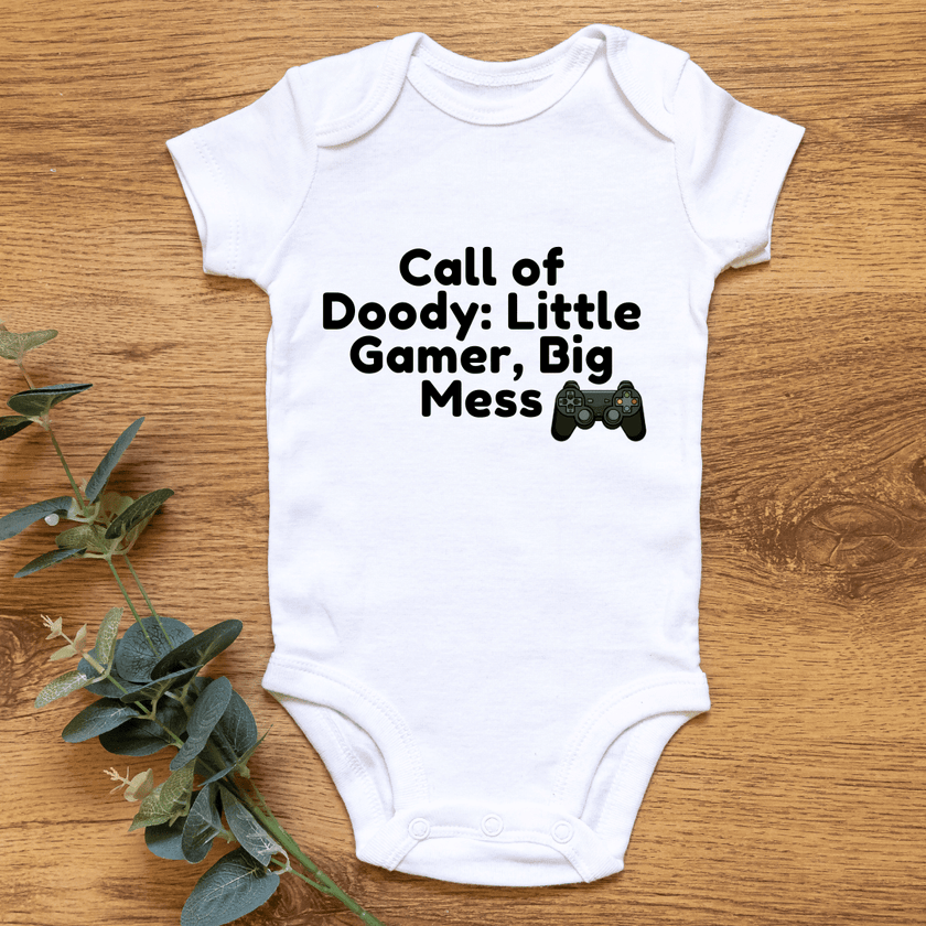 Gaming themed baby romper with black text and colorful controller icon