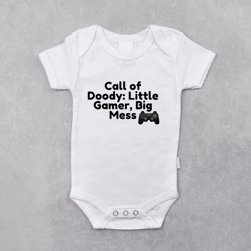White short-sleeve onesie featuring Call of Doody: Little Gamer, Big Mess design