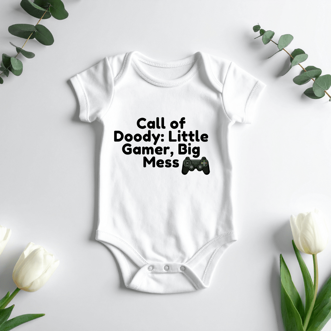 Call of Doody funny baby onesie with gaming controller graphic on white bodysuit