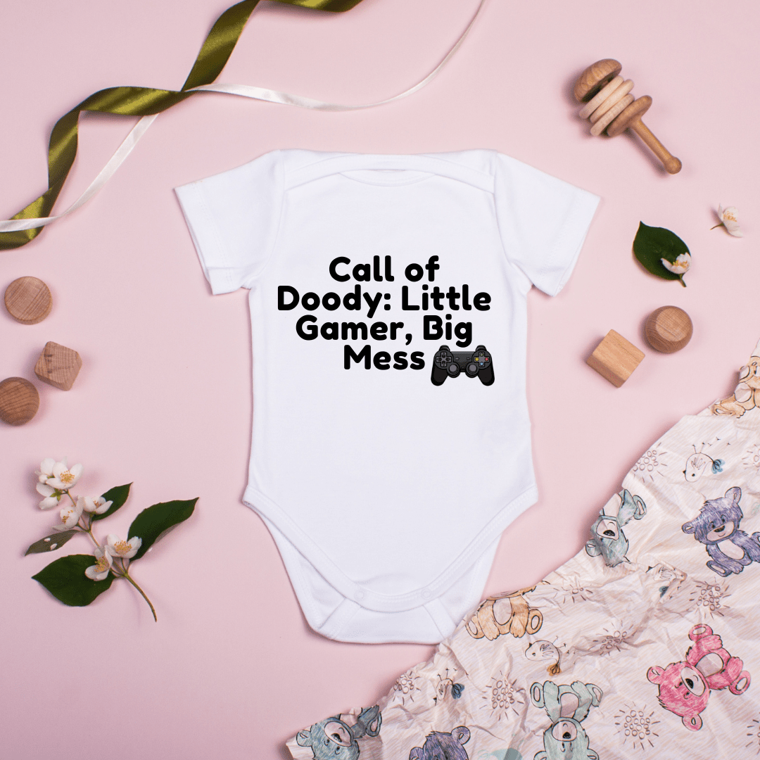 Funny baby outfit with game controller and Doody pun for baby showers