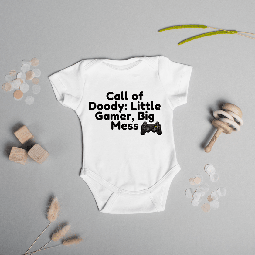 Humorous Call of Duty parody baby bodysuit for newborn gamers