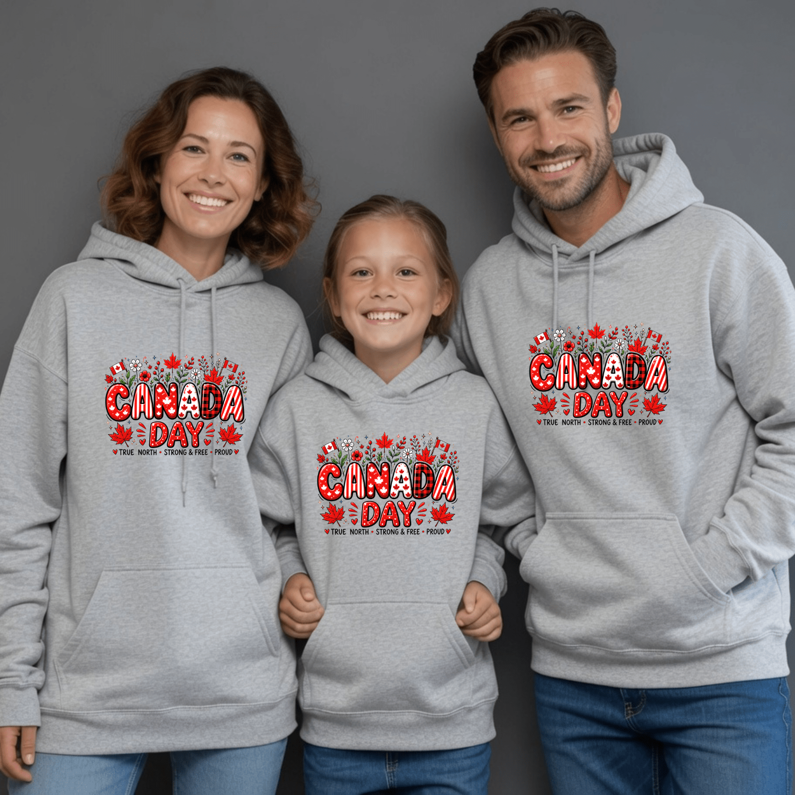 Family photo outfit featuring sport grey Canada Day matching hoodies for parents and kids