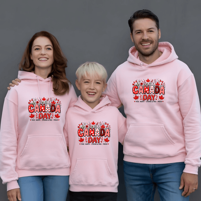 Light pink Canada Day matching family hoodies with colorful patriotic Canadian design