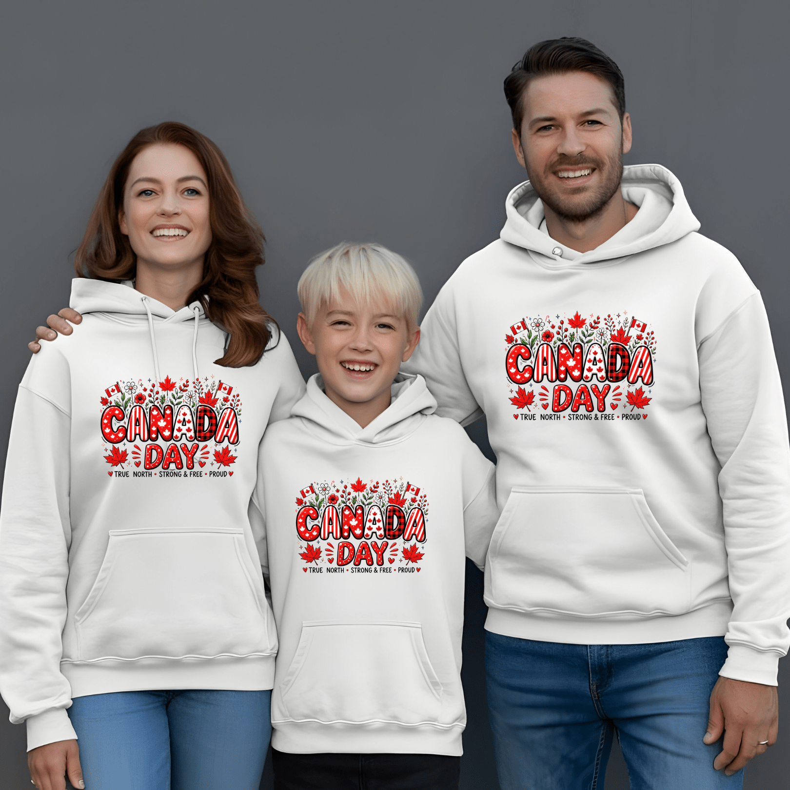White Canada Day family hoodies with red maple leaf artwork and patriotic celebration theme