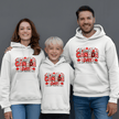 White Canada Day family hoodies with red maple leaf artwork and patriotic celebration theme
