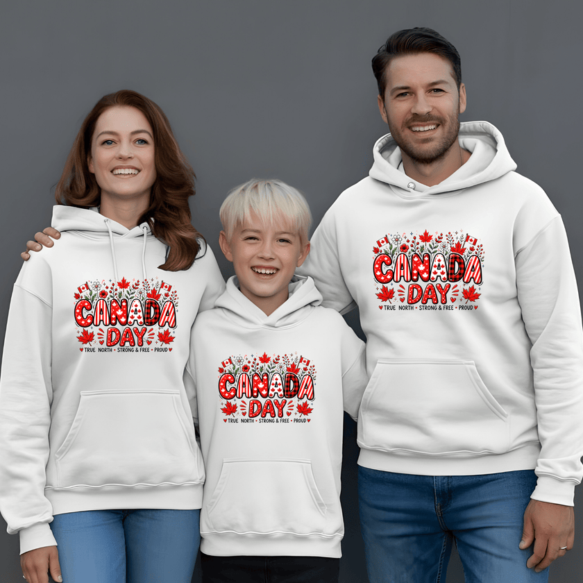White Canada Day family hoodies with red maple leaf artwork and patriotic celebration theme
