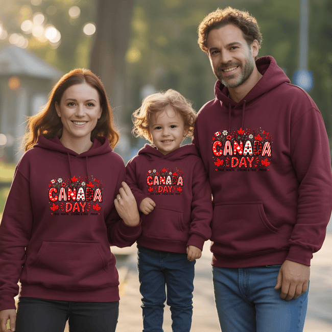 Matching maroon Canada Day family sweatshirts with festive Canada graphic for holiday events
