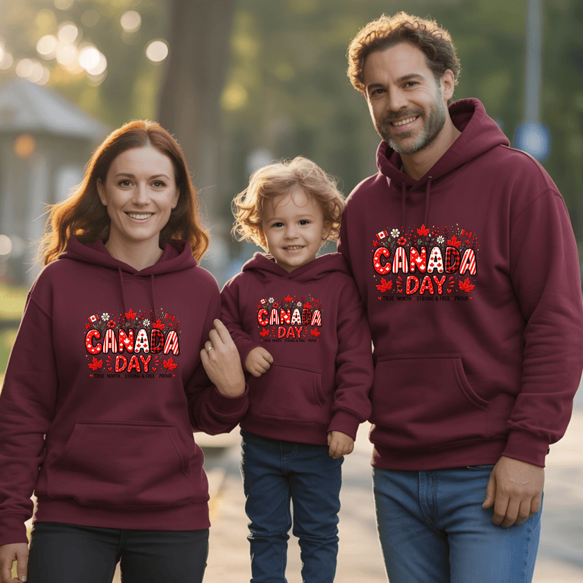 Matching maroon Canada Day family sweatshirts with festive Canada graphic for holiday events