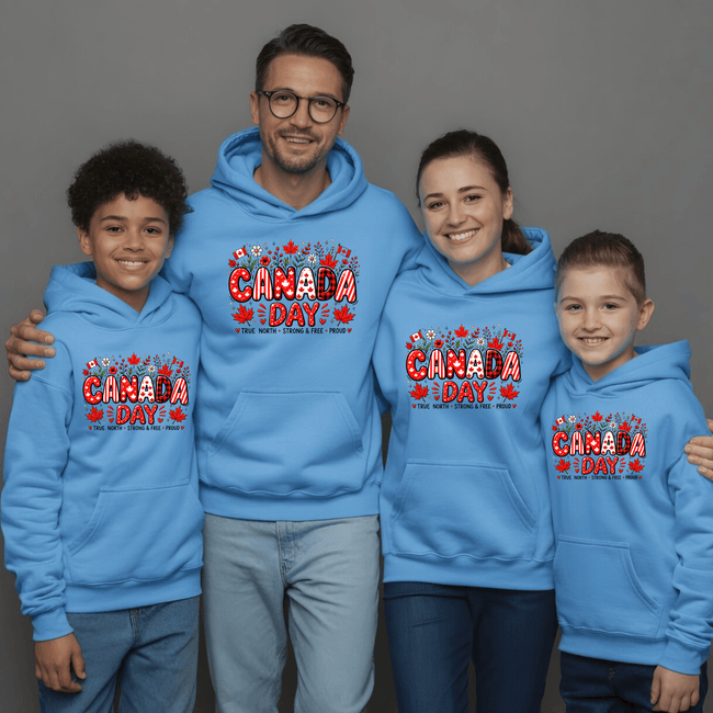 Carolina blue matching Canada Day hoodies for families celebrating Canadian heritage and pride