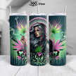 Tumbler with a design of a woman holding a cigarette and cannabis leaves, with 'Canna Mom Get a Break' text.