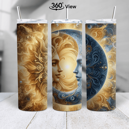 20oz celestial sun and moon skinny tumbler with gold and blue 360 degree wrap design on stainless steel cup