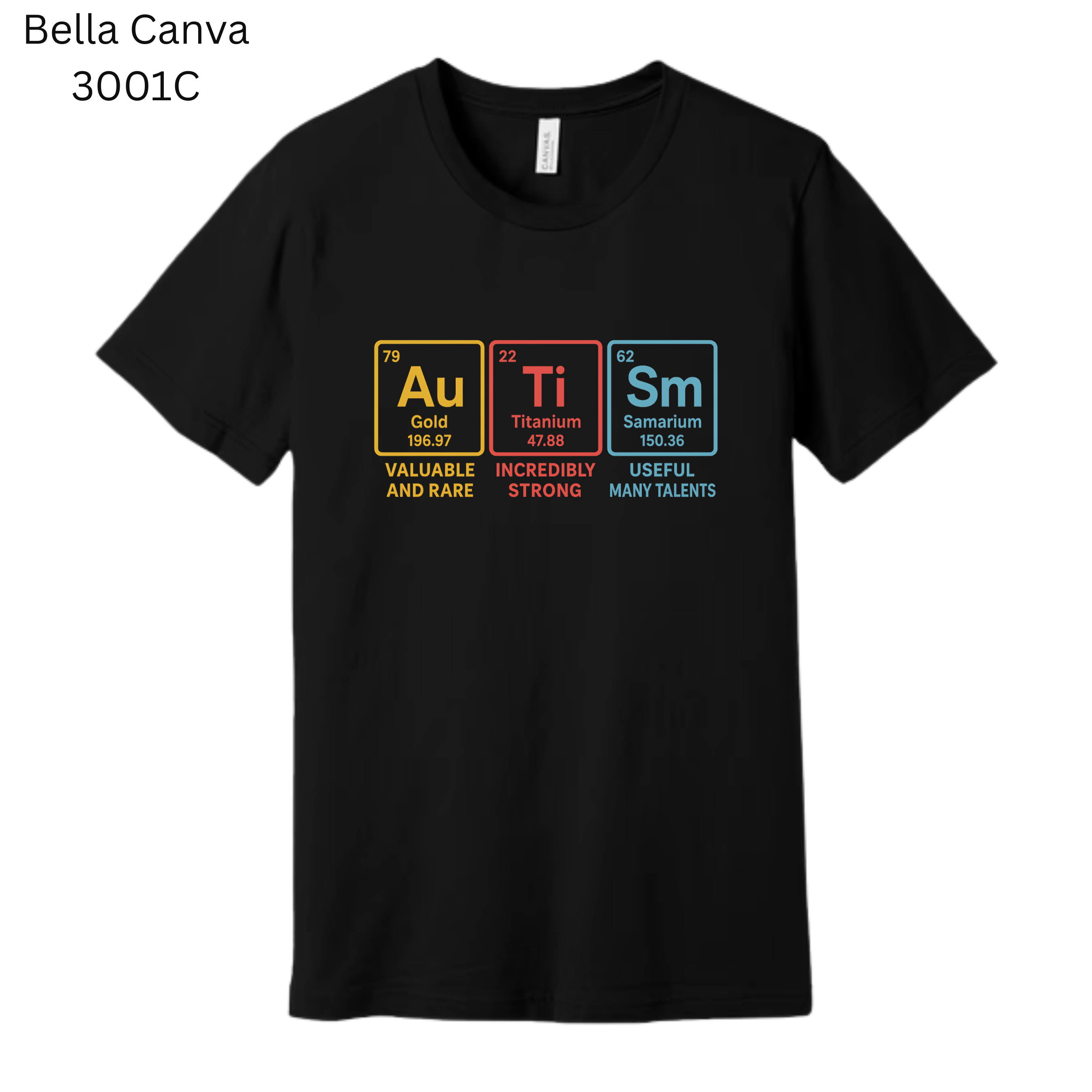 Black t-shirt with colorful text design on a white background