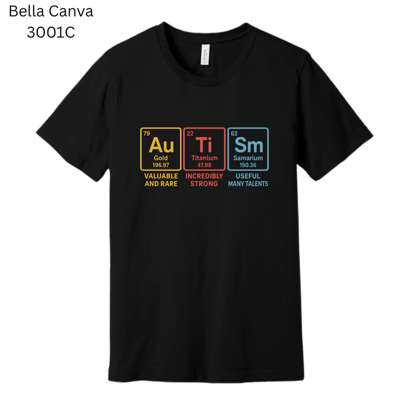 Black t-shirt with colorful text design on a white background