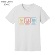 White t-shirt with colorful periodic table design on a white background