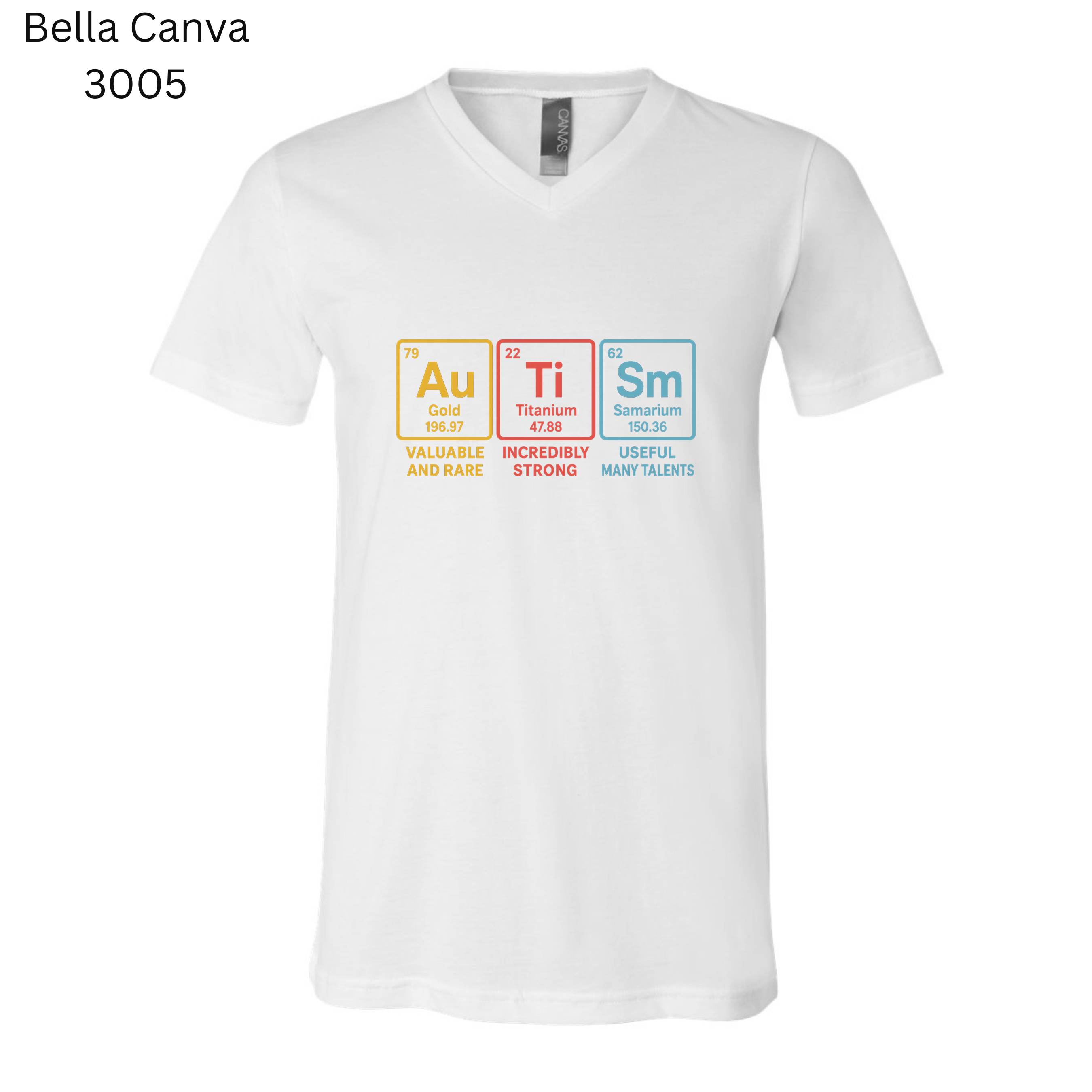 White t-shirt with colorful periodic Autism table design on a white background