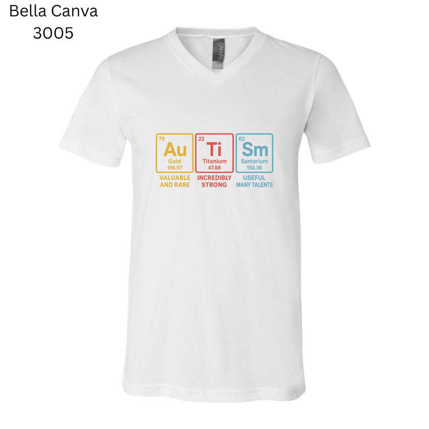White t-shirt with colorful periodic Autism table design on a white background