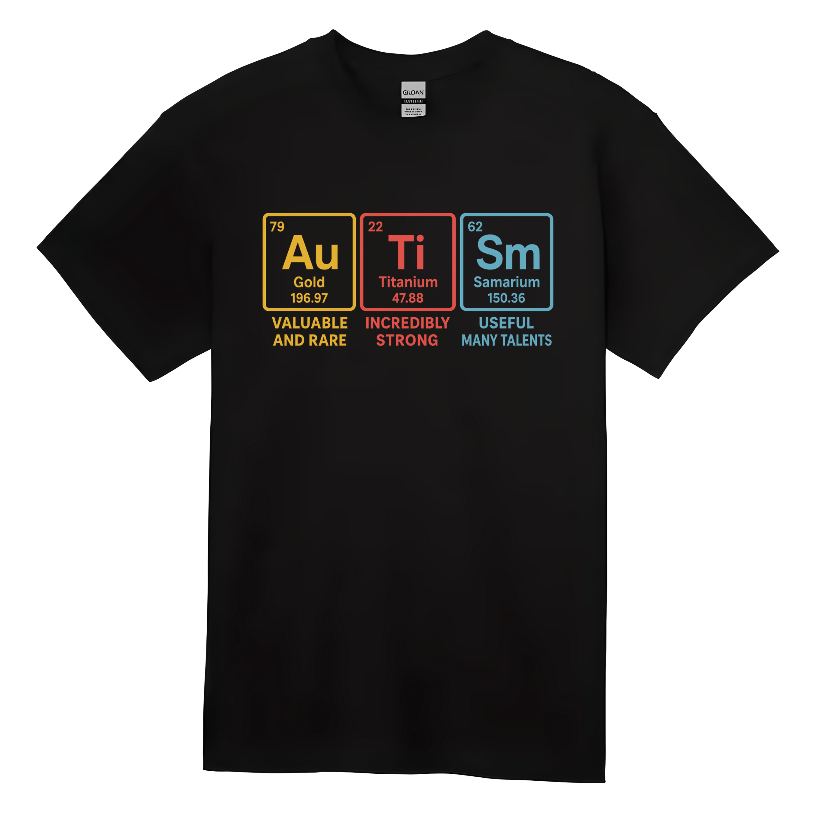 Black unisex T-shirt featuring colorful periodic table design spelling “Autism” using gold, titanium, and samarium elements.