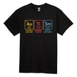 Black unisex T-shirt featuring colorful periodic table design spelling “Autism” using gold, titanium, and samarium elements.