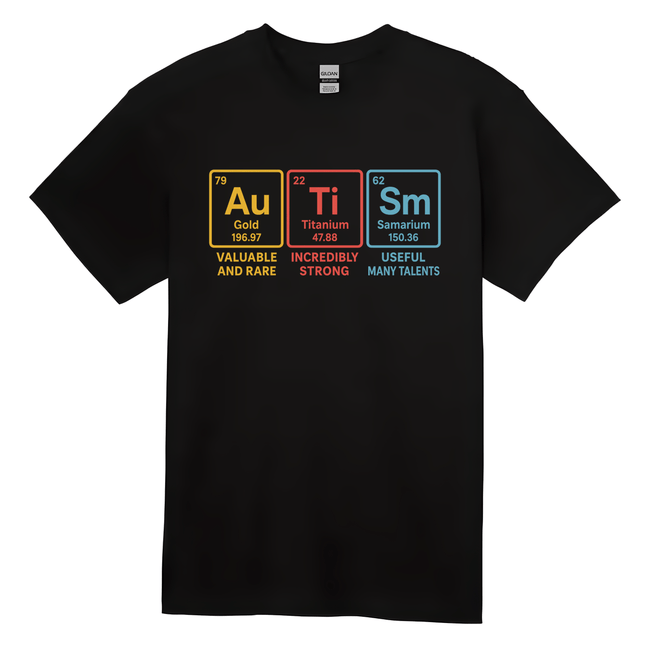 Black unisex T-shirt featuring colorful periodic table design spelling “Autism” using gold, titanium, and samarium elements.