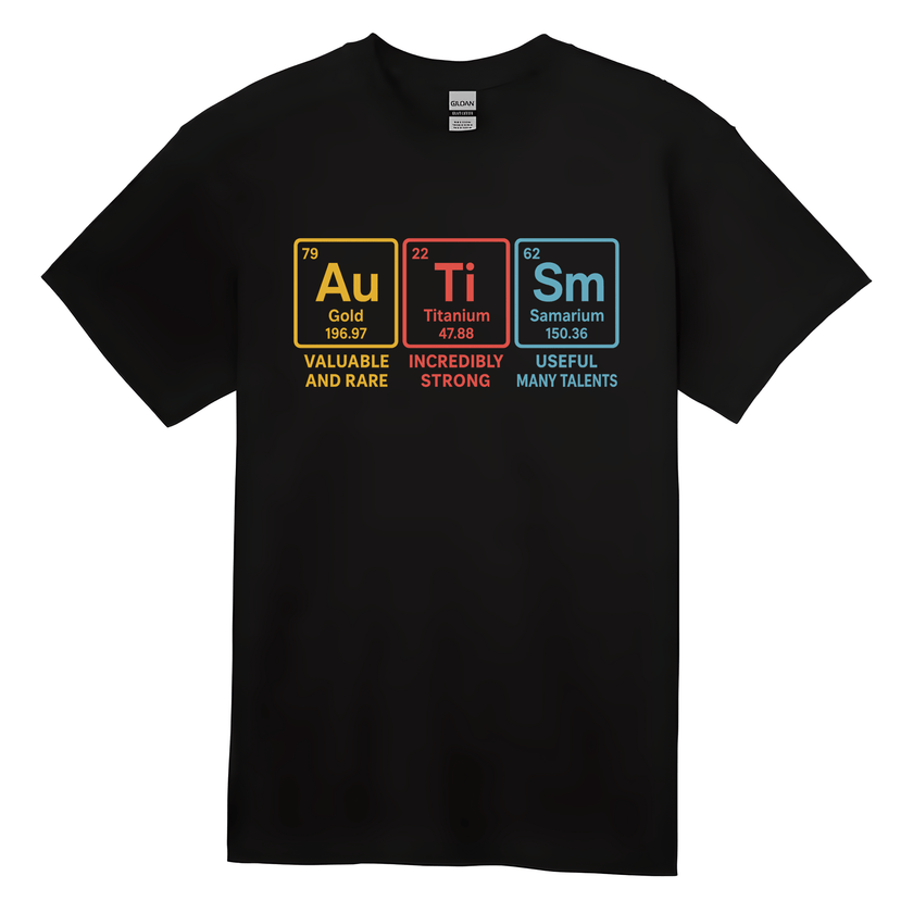 Black unisex T-shirt featuring colorful periodic table design spelling “Autism” using gold, titanium, and samarium elements.