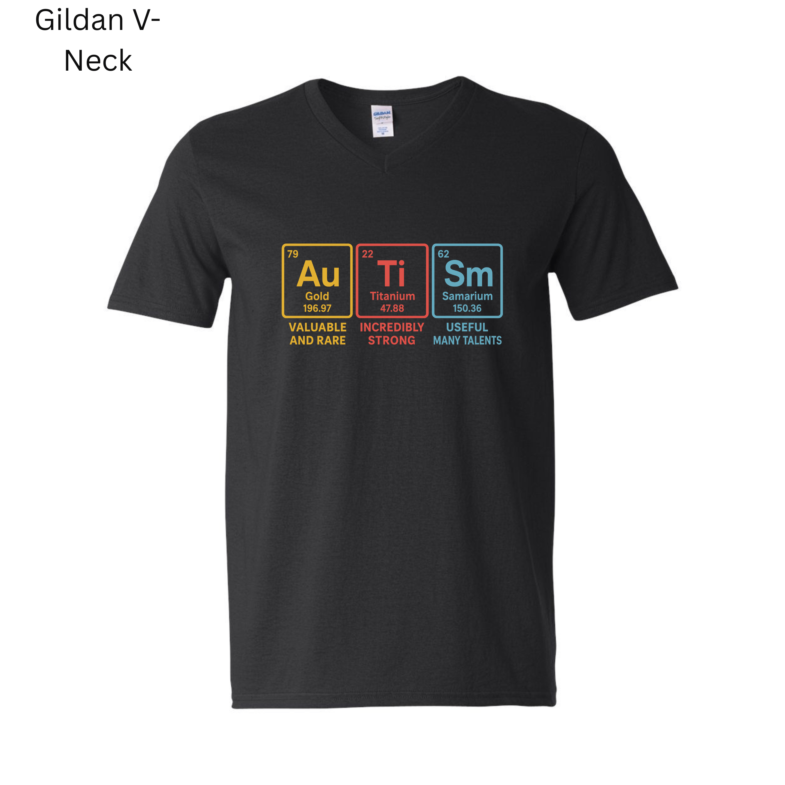 Unisex black T-shirt with periodic table element design spelling “Autism,” combining gold, titanium, and samarium.