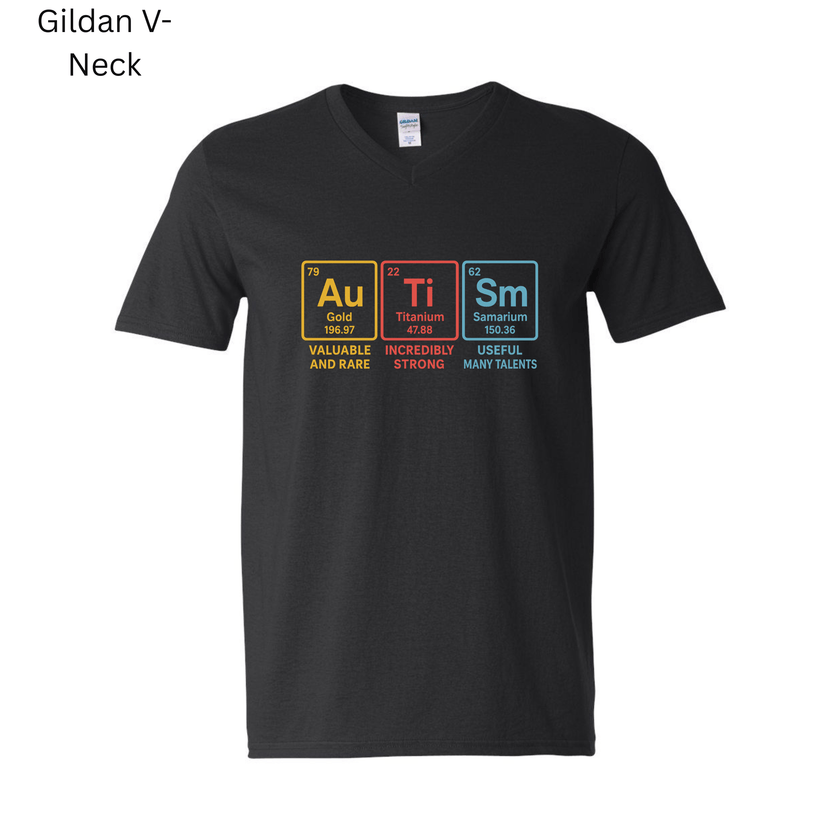 Unisex black T-shirt with periodic table element design spelling “Autism,” combining gold, titanium, and samarium.