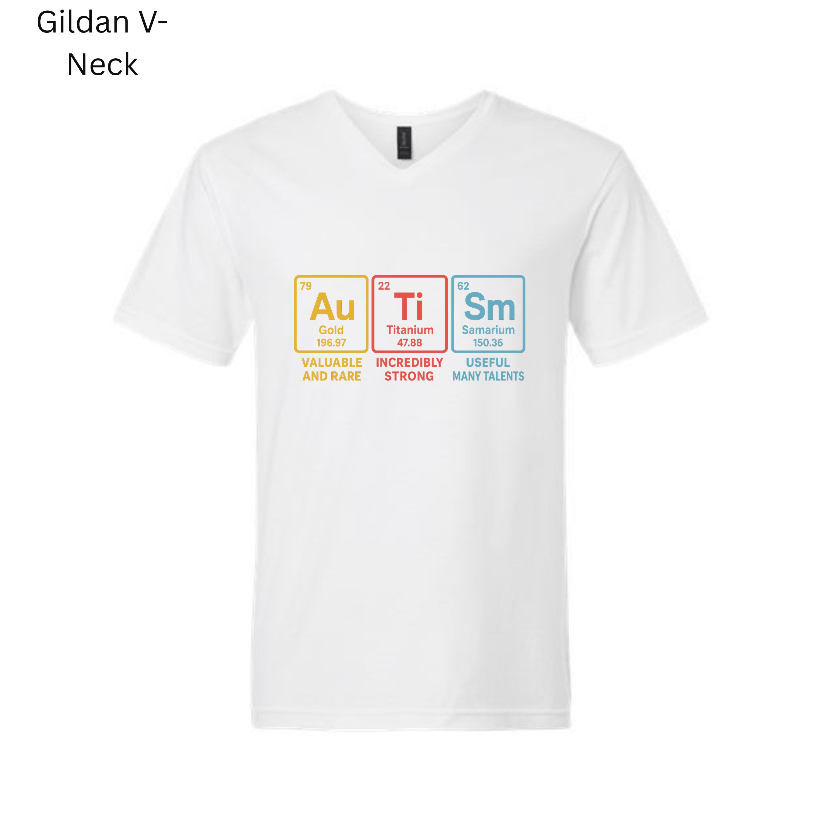 White unisex T-shirt printed with autism periodic table design showing Au, Ti, and Sm elements.