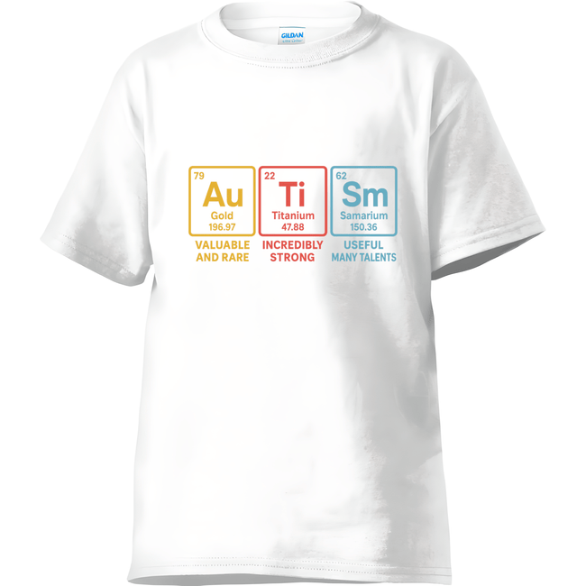 White autism awareness shirt featuring colorful periodic table elements spelling “Autism” — gold, titanium, and samarium.